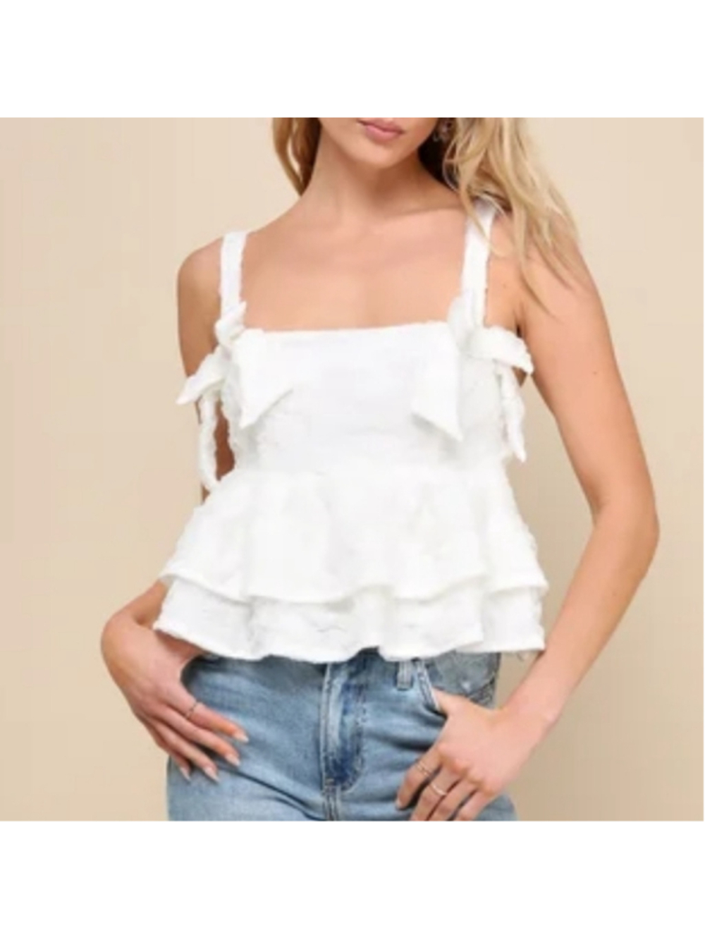Lulus New Luxe Charisma White Textured Tiered Cropped Sleeveless Bow Top Size S